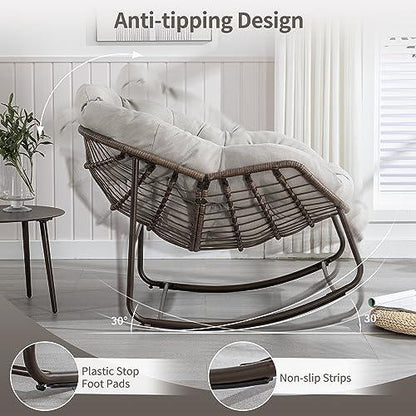 HOMEFUN Outdoor Patio Rocking Chairs, Oversized Papasan Rocking Chair Indoor with Padded Cushion - Rocker Egg Chair for Front Porch, Garden, Patio, Backyard Beige - CookCave