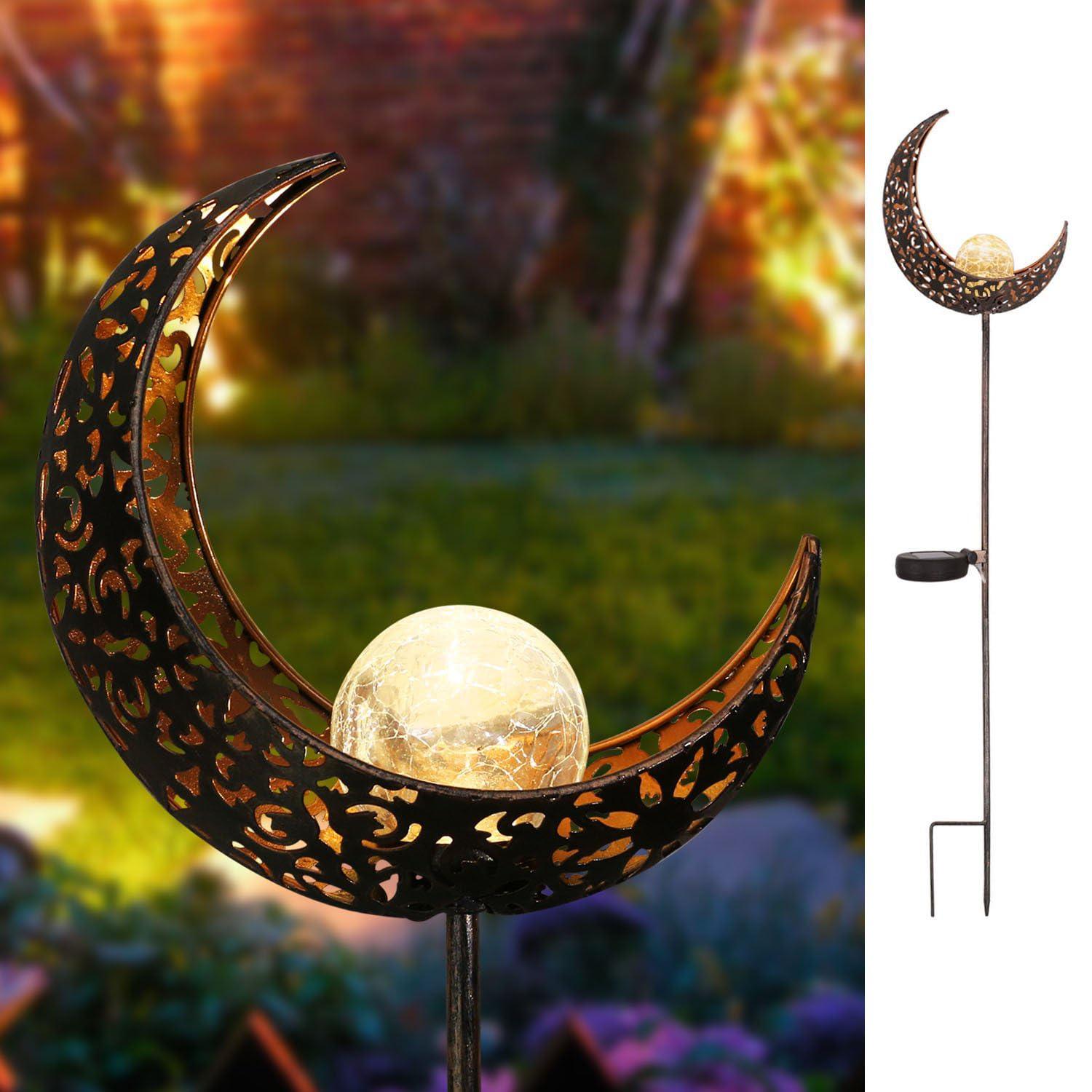 HOMEIMPRO Moon Solar Garden Lights Outdoor Stakes, Waterproof Crackle Glass Metal Decorative Lights for Lawn, Patio Accessories, Yard Decor, Christmas Gift (Bronze) - CookCave