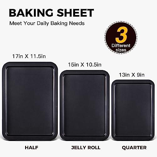 HONGBAKE Baking Sheet Pan Set, Cookie Sheet for Oven, Nonstick Bakeware Sets with Wider Grips, 3 Pack Half/Jelly Roll/Quarter Baking Tray, Premium, Dishwasher Safe - Dark Grey - CookCave