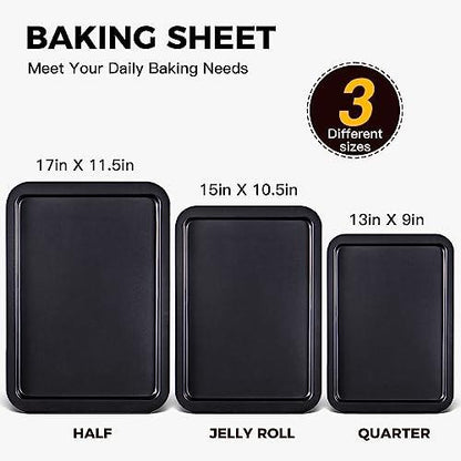 HONGBAKE Baking Sheet Pan Set, Cookie Sheet for Oven, Nonstick Bakeware Sets with Wider Grips, 3 Pack Half/Jelly Roll/Quarter Baking Tray, Premium, Dishwasher Safe - Dark Grey - CookCave