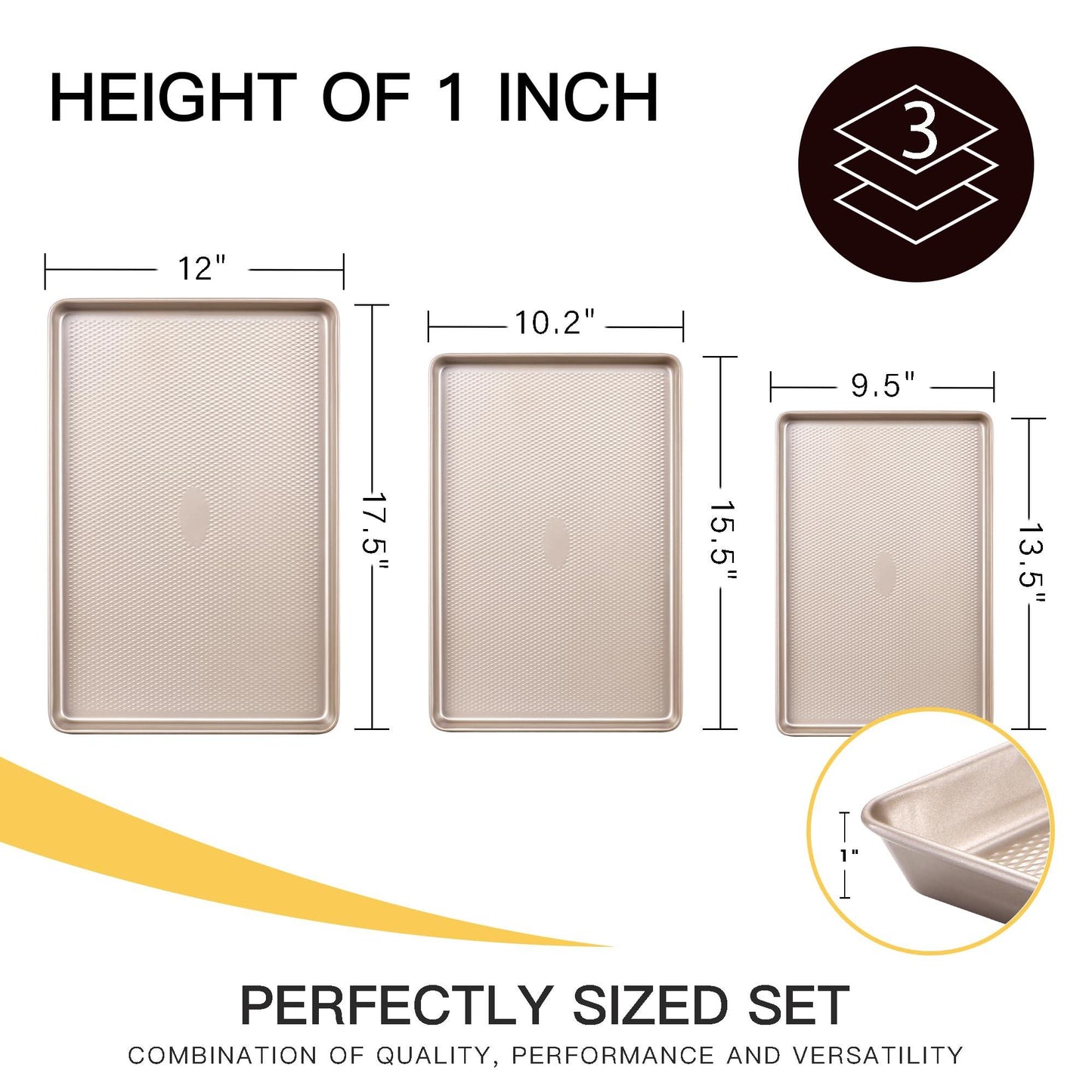 HONGBAKE Baking Sheet Pan Set, Cookie Sheets for Oven, Nonstick Half/Quarter/Jelly Roll Pans with Diamond Texture Pattern, Heavy Duty Cookie Tray - CookCave