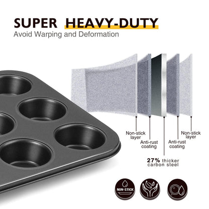 HONGBAKE Muffin Pan for Baking, Nonstick Cupcake Tin 12 Cup, 2 Pack Cup Cake Tray, Premium Cheesecake Pans, Dishwasher Safe - Dark Grey - CookCave