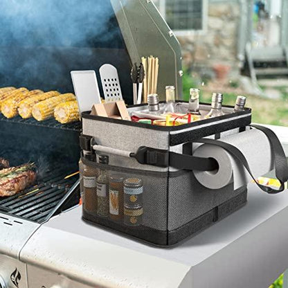 HULISEN Large Grill Caddy with Lid and Paper Towel Holder, BBQ Caddy for Outdoor Grill, Insulated Foldable Barbecue Picnic Caddy for Plates, Utensils, Camping Supplies, Travel or RV, Camper Must Haves - CookCave