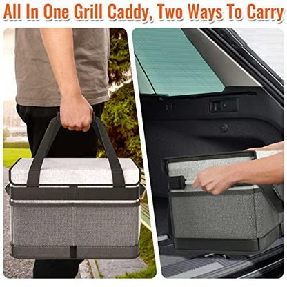 HULISEN Large Grill Caddy with Lid and Paper Towel Holder, BBQ Caddy for Outdoor Grill, Insulated Foldable Barbecue Picnic Caddy for Plates, Utensils, Camping Supplies, Travel or RV, Camper Must Haves - CookCave