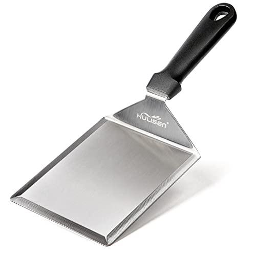 HULISEN Stainless Steel Large Grill Spatula - 6 x 5 Inch Heavy-Duty Metal Spatula with Cutting Edges, Kitchen Griddle Accessories, Smashed Burger Turner Scraper for BBQ Grill and Flat Top Griddle - CookCave