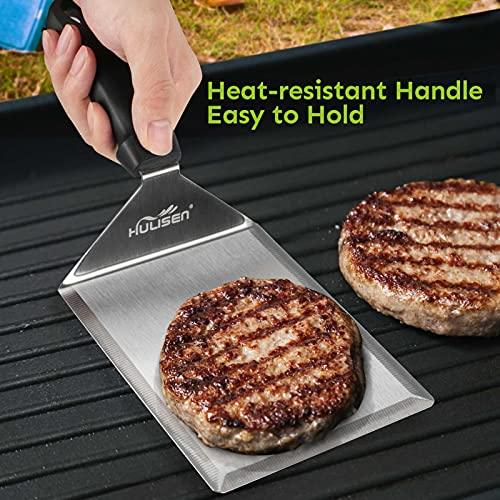 HULISEN Stainless Steel Large Grill Spatula - 6 x 5 Inch Heavy-Duty Metal Spatula with Cutting Edges, Kitchen Griddle Accessories, Smashed Burger Turner Scraper for BBQ Grill and Flat Top Griddle - CookCave
