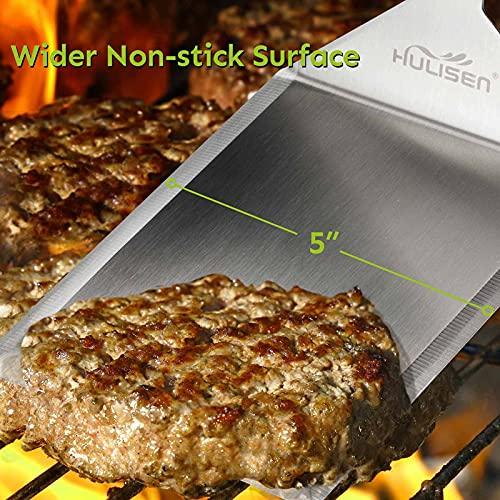 HULISEN Stainless Steel Large Grill Spatula - 6 x 5 Inch Heavy-Duty Metal Spatula with Cutting Edges, Kitchen Griddle Accessories, Smashed Burger Turner Scraper for BBQ Grill and Flat Top Griddle - CookCave