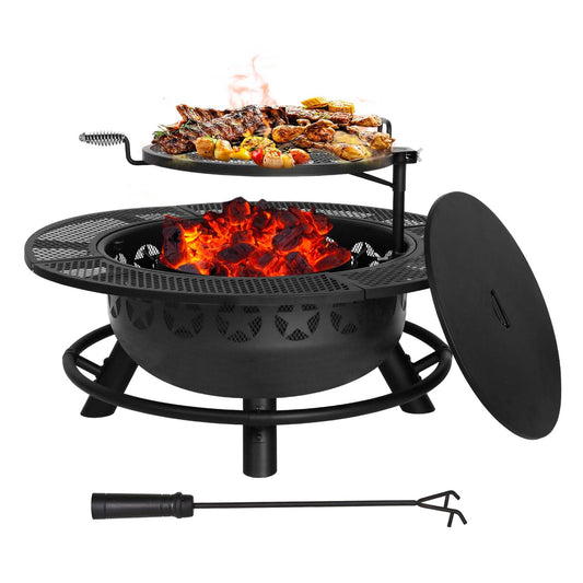 Hykolity 35 Inch Fire Pit with Cooking Grate & Charcoal Pan, Outdoor Wood Burning BBQ Grill Firepit Bowl with Cover Lid, Steel Round Table for Backyard Bonfire Patio Picnic - CookCave