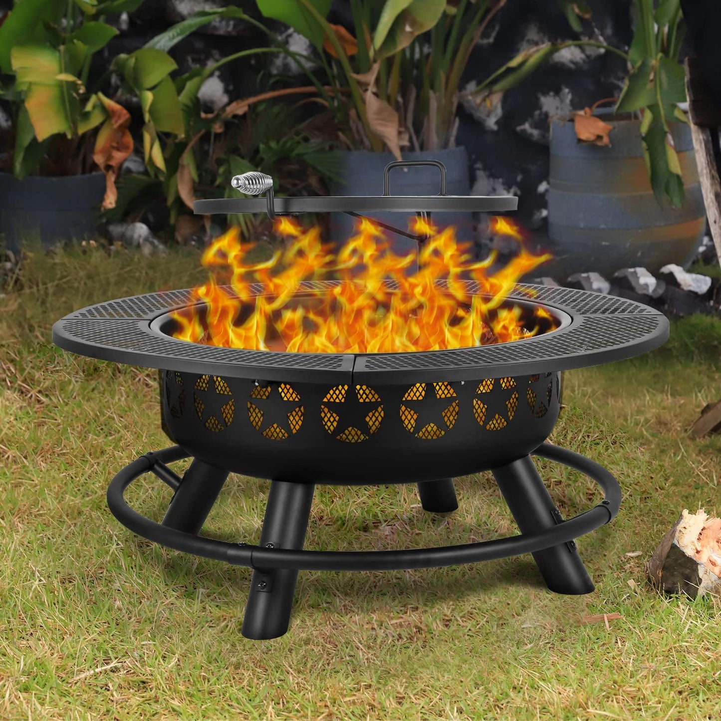 Hykolity 35 Inch Fire Pit with Cooking Grate & Charcoal Pan, Outdoor Wood Burning BBQ Grill Firepit Bowl with Cover Lid, Steel Round Table for Backyard Bonfire Patio Picnic - CookCave