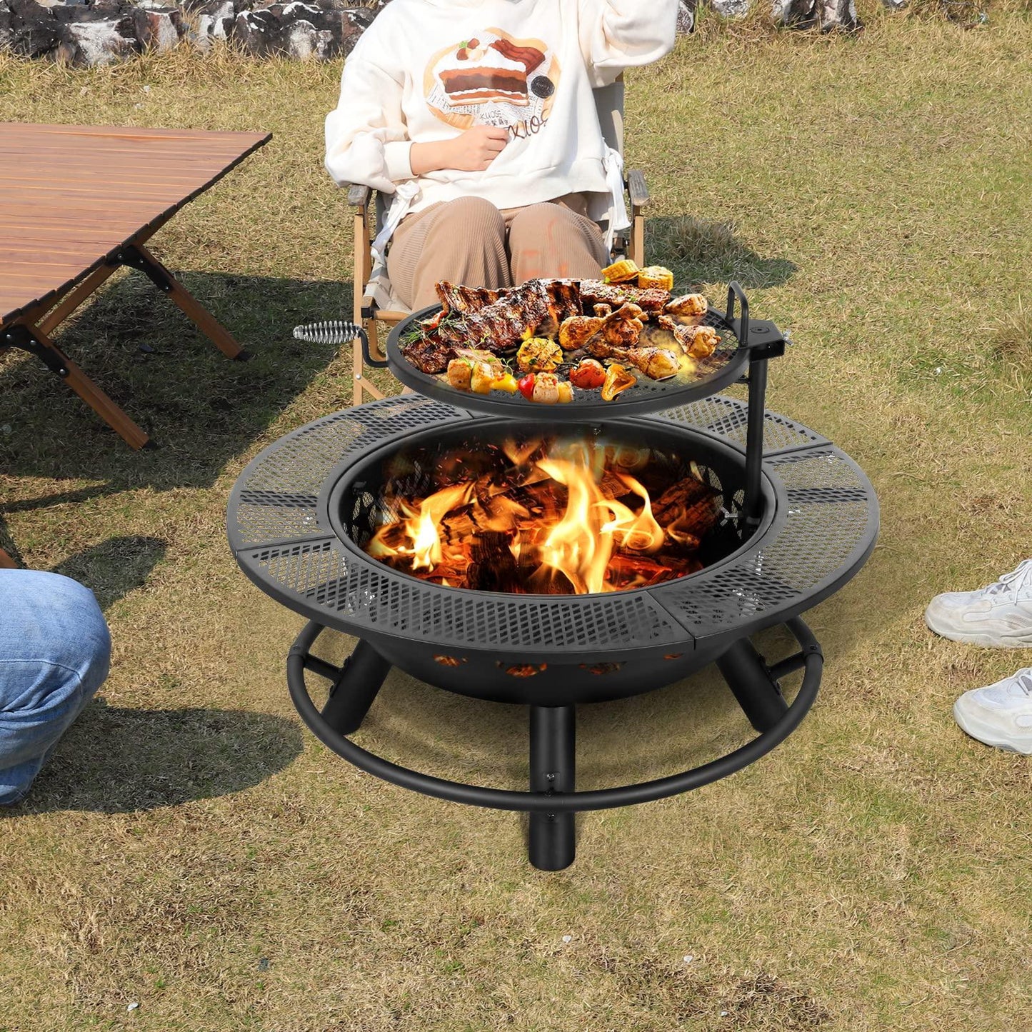 Hykolity 35 Inch Fire Pit with Cooking Grate & Charcoal Pan, Outdoor Wood Burning BBQ Grill Firepit Bowl with Cover Lid, Steel Round Table for Backyard Bonfire Patio Picnic - CookCave