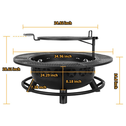 Hykolity 35 Inch Fire Pit with Cooking Grate & Charcoal Pan, Outdoor Wood Burning BBQ Grill Firepit Bowl with Cover Lid, Steel Round Table for Backyard Bonfire Patio Picnic - CookCave