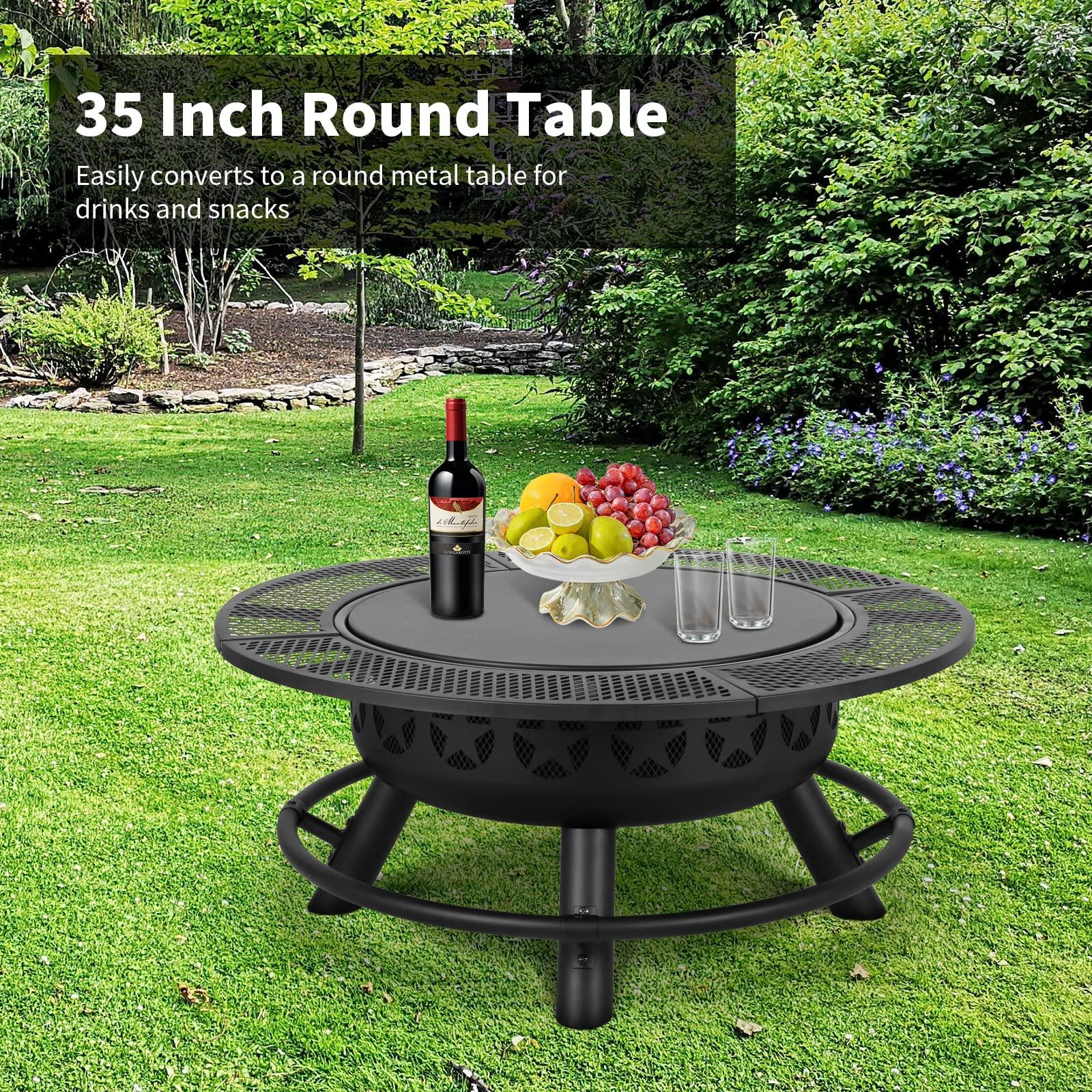 Hykolity 35 Inch Fire Pit with Cooking Grate & Charcoal Pan, Outdoor Wood Burning BBQ Grill Firepit Bowl with Cover Lid, Steel Round Table for Backyard Bonfire Patio Picnic - CookCave