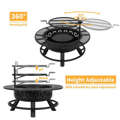 Hykolity 35 Inch Fire Pit with Cooking Grate & Charcoal Pan, Outdoor Wood Burning BBQ Grill Firepit Bowl with Cover Lid, Steel Round Table for Backyard Bonfire Patio Picnic - CookCave