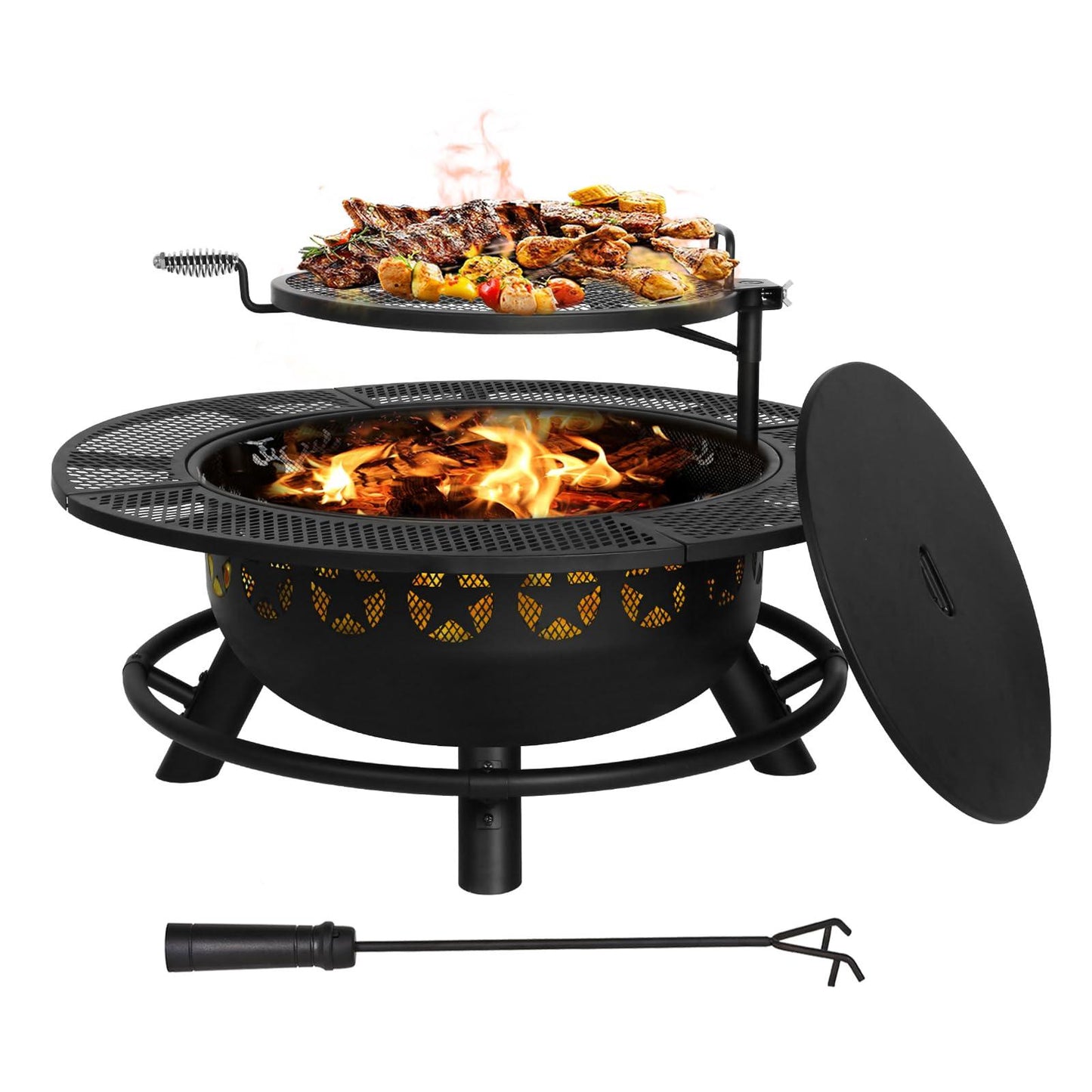 Hykolity 35 Inch Fire Pit with Cooking Grate & Charcoal Pan, Outdoor Wood Burning BBQ Grill Firepit Bowl with Cover Lid, Steel Round Table for Backyard Bonfire Patio Picnic - CookCave