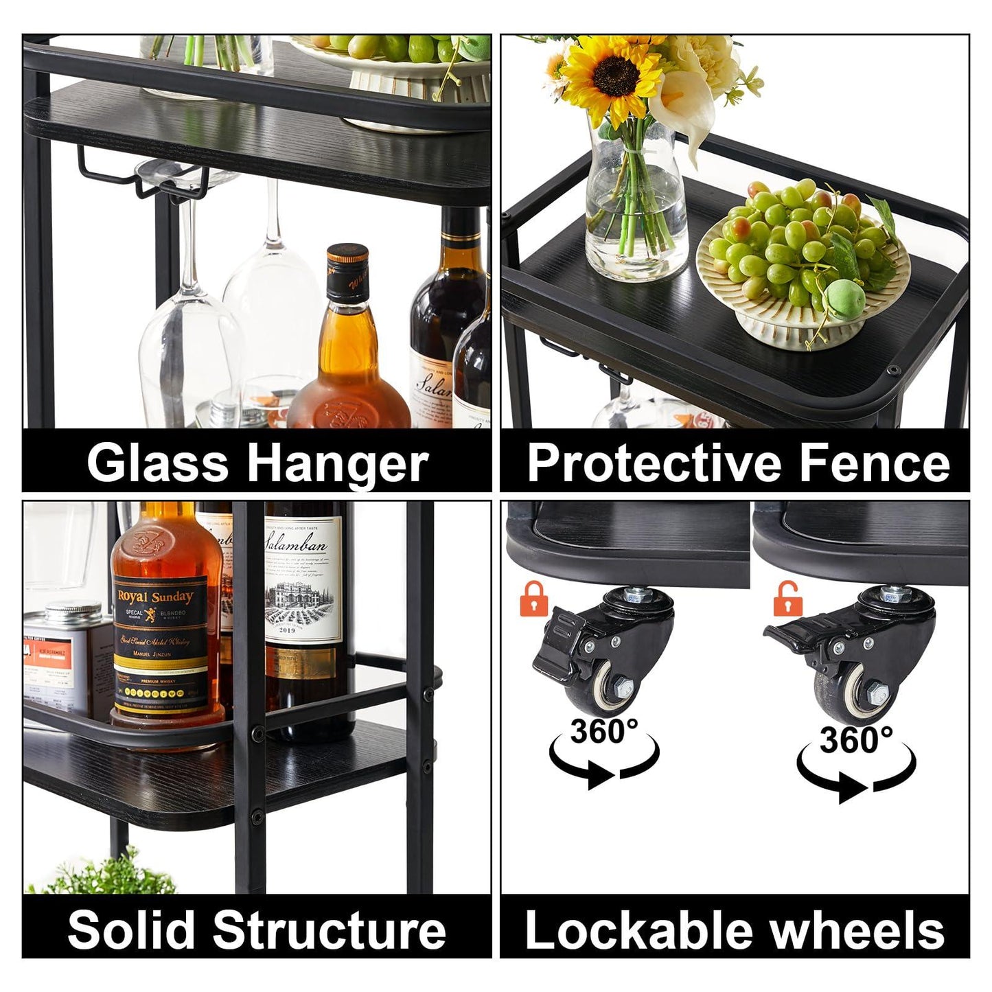 IBUYKE 3-Tier Home Bar Serving Cart,Kitchen Storage Carts with Wheels,11.79x15.72x33.01 inches,Rolling Mini Bar Cart for Home, Outdoor, Kitchen, Bedroom TMJ319B - CookCave