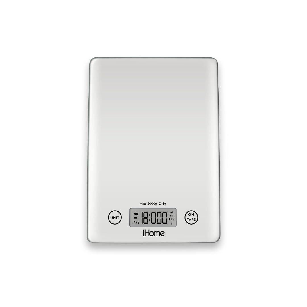 iHome Digital Food Scale for Kitchen - Glass Digital Scale Kitchen (Gm/Oz) - Kitchen Scale for Food (Baking and Cooking), Batteries Included - CookCave