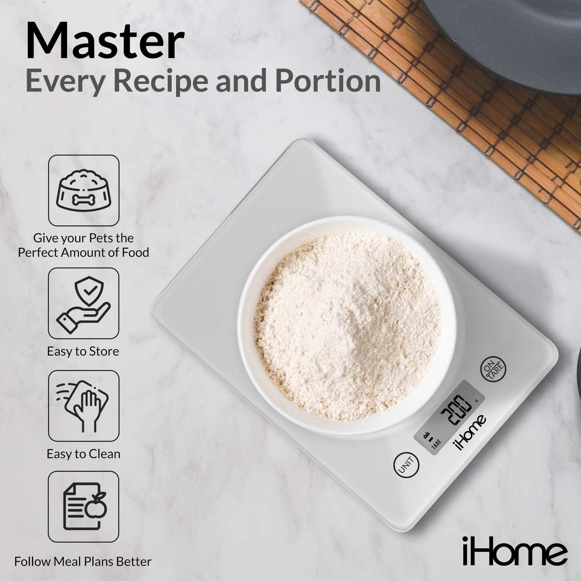 iHome Digital Food Scale for Kitchen - Glass Digital Scale Kitchen (Gm/Oz) - Kitchen Scale for Food (Baking and Cooking), Batteries Included - CookCave