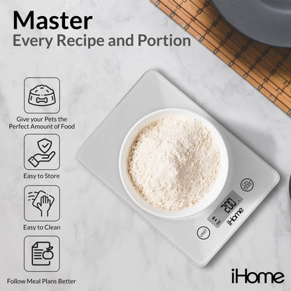 iHome Digital Food Scale for Kitchen - Glass Digital Scale Kitchen (Gm/Oz) - Kitchen Scale for Food (Baking and Cooking), Batteries Included - CookCave