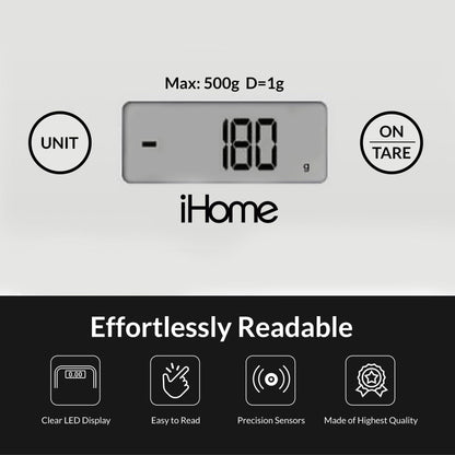 iHome Digital Food Scale for Kitchen - Glass Digital Scale Kitchen (Gm/Oz) - Kitchen Scale for Food (Baking and Cooking), Batteries Included - CookCave