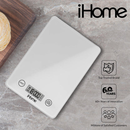 iHome Digital Food Scale for Kitchen - Glass Digital Scale Kitchen (Gm/Oz) - Kitchen Scale for Food (Baking and Cooking), Batteries Included - CookCave