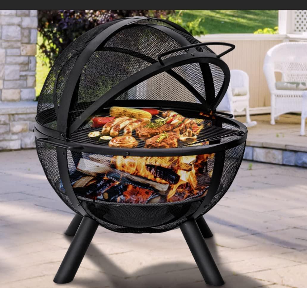 Ikuby Ball of Fire Pit 35" Outdoor fire with BBQ Grill Globe Large Round Pit,Patio Fireplace for Camping, Heating, Bonfire and Picnic - CookCave