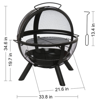 Ikuby Ball of Fire Pit 35" Outdoor fire with BBQ Grill Globe Large Round Pit,Patio Fireplace for Camping, Heating, Bonfire and Picnic - CookCave