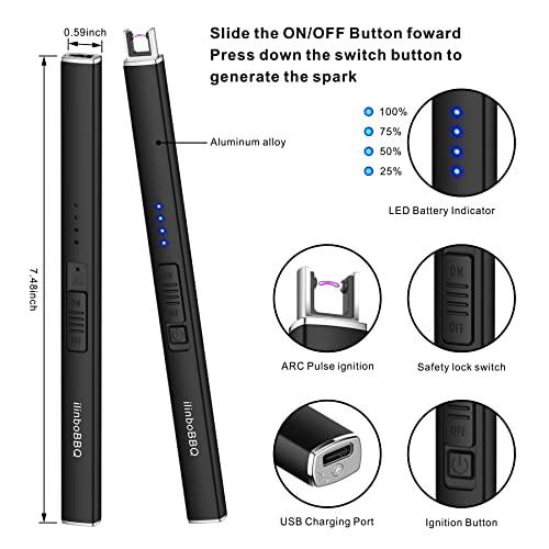 ilinboBBQ Lighter Electric Candle Lighter with LED Battery Display USB Rechargeable Lighter Windproof Flameless Long Lighters for Candle BBQ Camping （Black - CookCave
