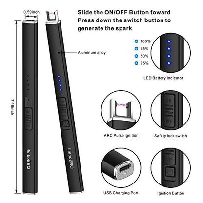 ilinboBBQ Lighter Electric Candle Lighter with LED Battery Display USB Rechargeable Lighter Windproof Flameless Long Lighters for Candle BBQ Camping （Black - CookCave