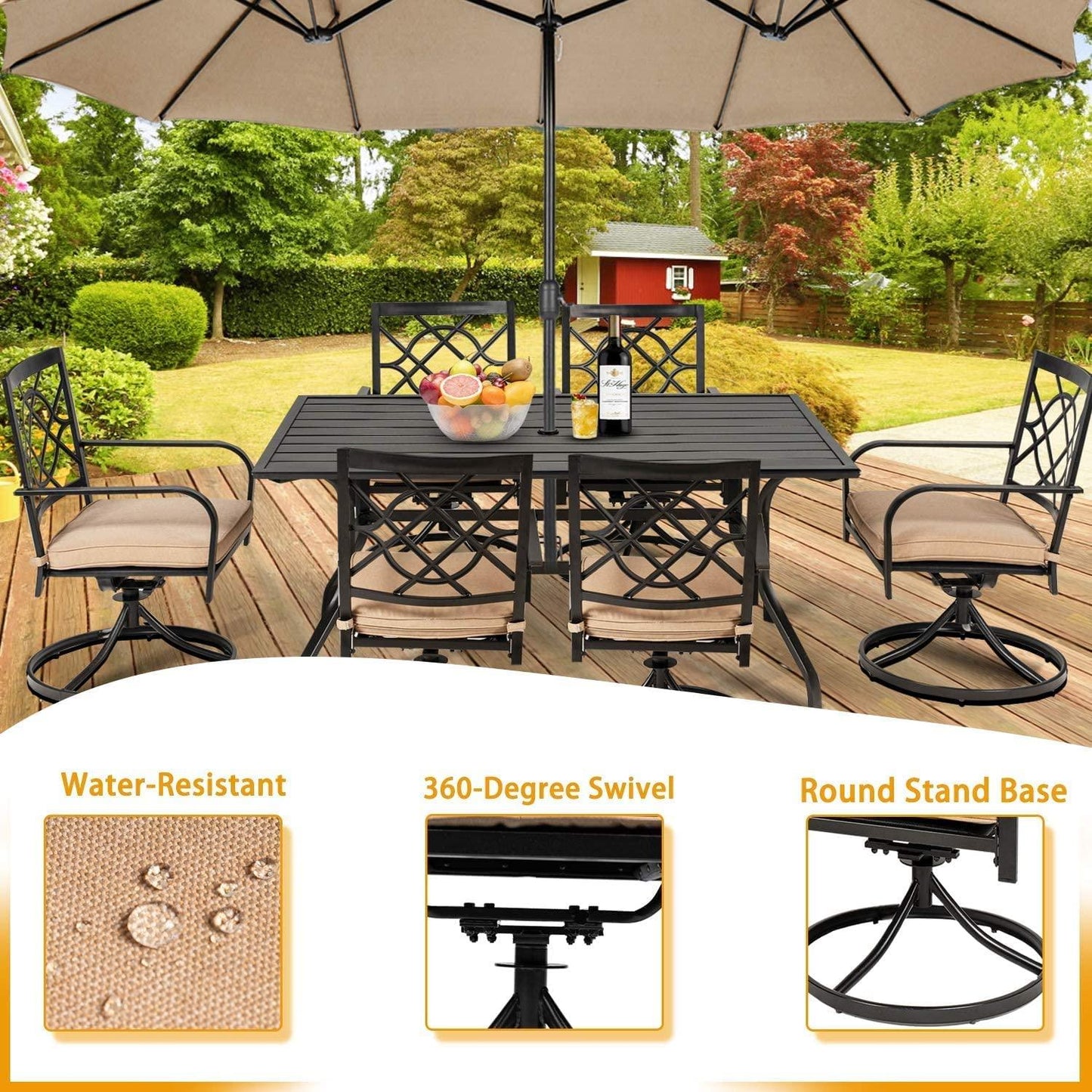 Incbruce 7 Piece Outdoor Dining Set Wrought Iron Patio Dining Set, Dining Furniture Set (6 Swivel Dining Chairs and 1 Rectangular Table with 1.57" Umbrella Hole)-Metal Tabletop - CookCave
