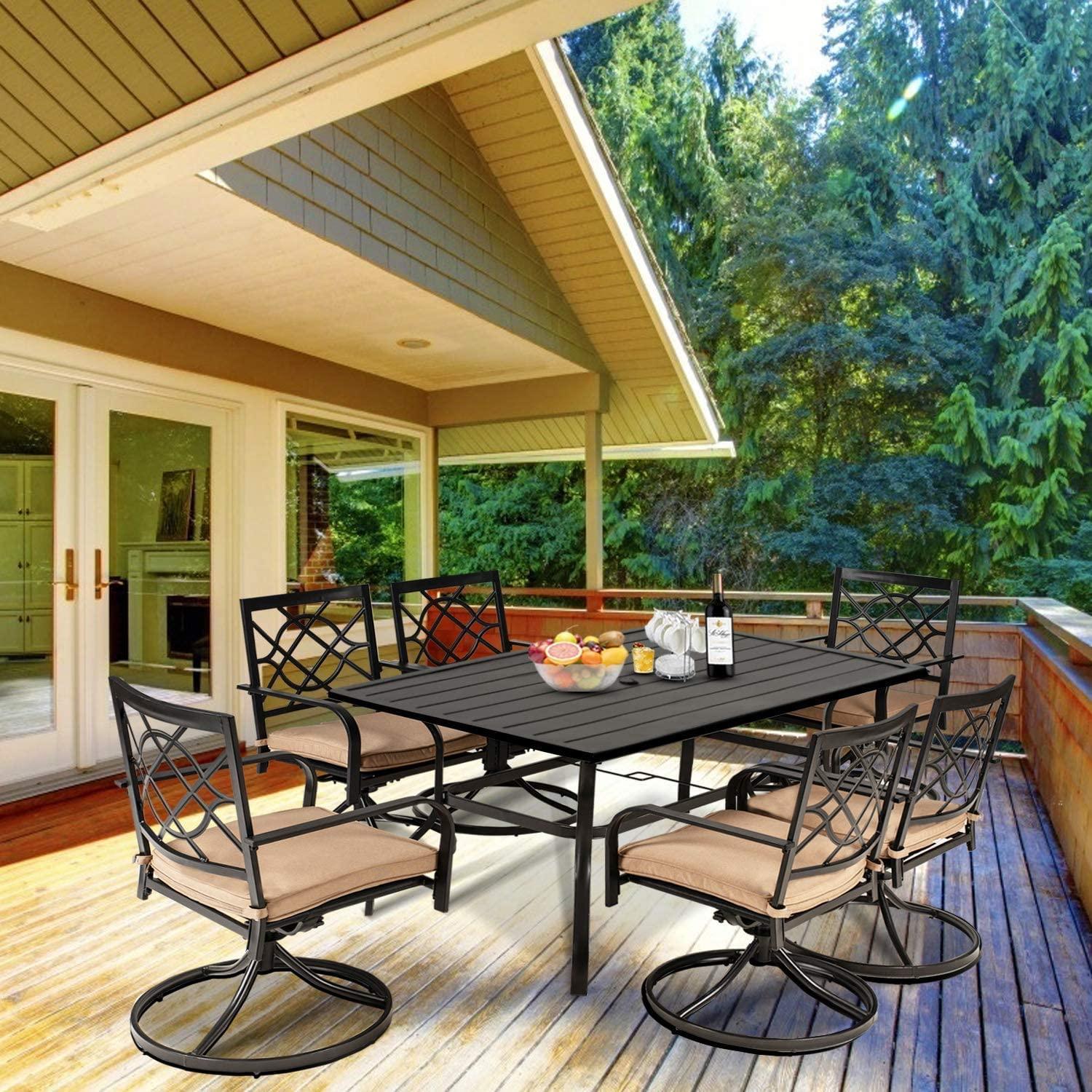 Incbruce 7 Piece Outdoor Dining Set Wrought Iron Patio Dining Set, Dining Furniture Set (6 Swivel Dining Chairs and 1 Rectangular Table with 1.57" Umbrella Hole)-Metal Tabletop - CookCave