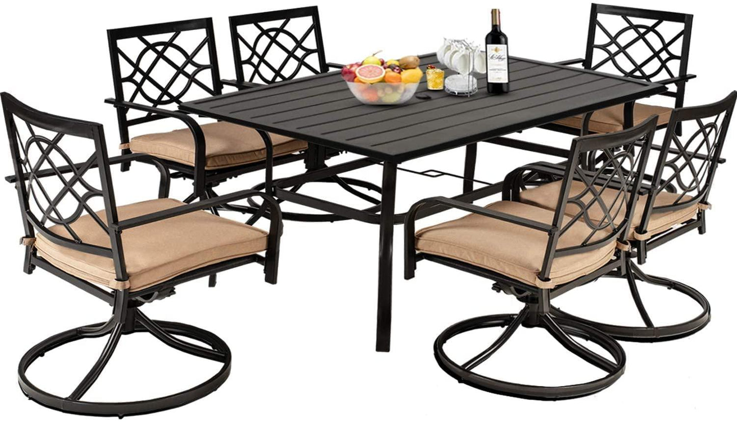 Incbruce 7 Piece Outdoor Dining Set Wrought Iron Patio Dining Set, Dining Furniture Set (6 Swivel Dining Chairs and 1 Rectangular Table with 1.57" Umbrella Hole)-Metal Tabletop - CookCave