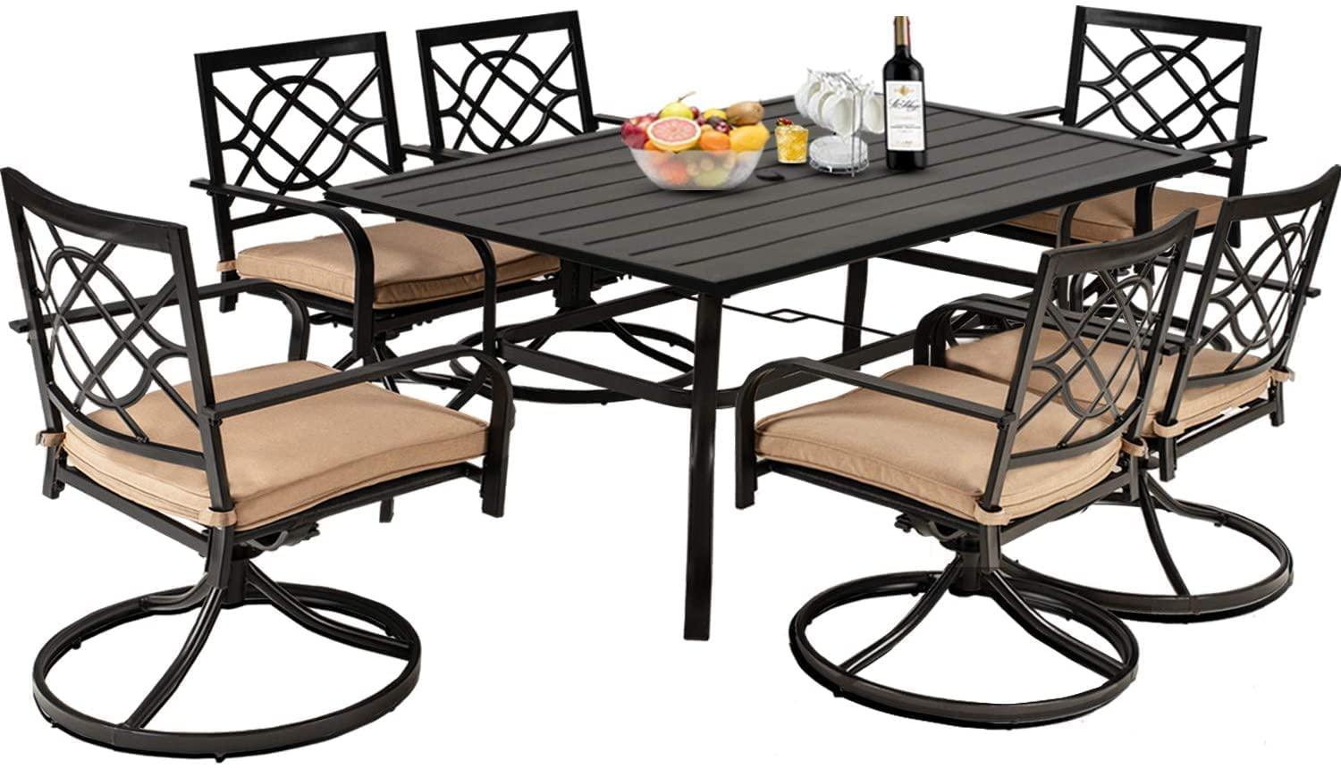 Incbruce 7 Piece Outdoor Dining Set Wrought Iron Patio Dining Set, Dining Furniture Set (6 Swivel Dining Chairs and 1 Rectangular Table with 1.57" Umbrella Hole)-Metal Tabletop - CookCave
