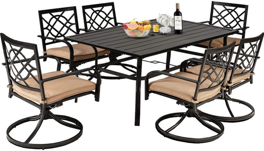 Incbruce 7 Piece Outdoor Dining Set Wrought Iron Patio Dining Set, Dining Furniture Set (6 Swivel Dining Chairs and 1 Rectangular Table with 1.57" Umbrella Hole)-Metal Tabletop - CookCave