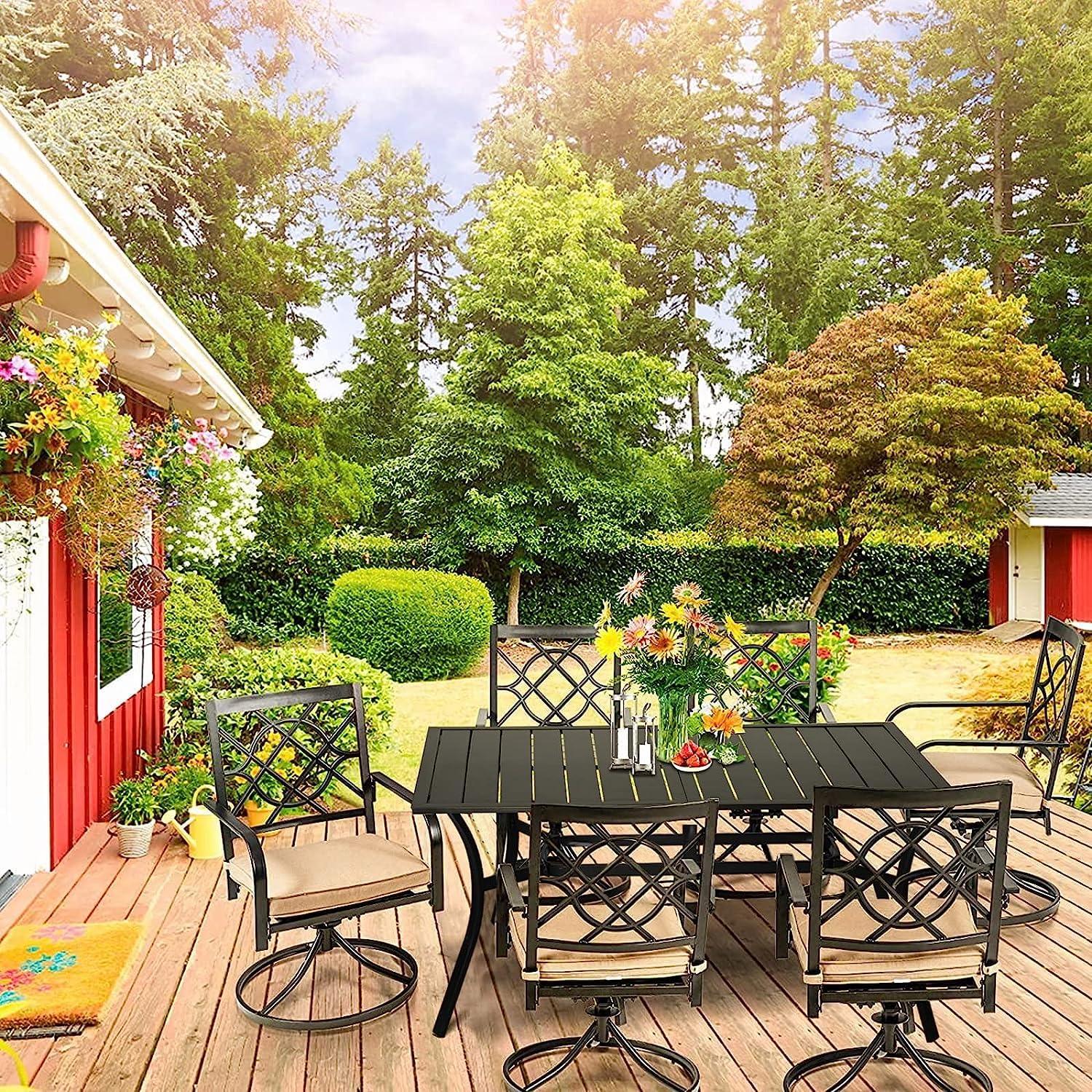 Incbruce 7 Piece Outdoor Dining Set Wrought Iron Patio Dining Set, Dining Furniture Set (6 Swivel Dining Chairs and 1 Rectangular Table with 1.57" Umbrella Hole)-Metal Tabletop - CookCave