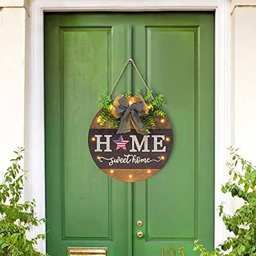 Interchangeable Welcome Sign for Front Door with 14 Changeable Icons, Farmhouse Front Porch Decor Rustic Wooden Wall Sign with 12 LED Lights, Outdoor Seasonal Welcome Home Decorations (Wood home1) - CookCave