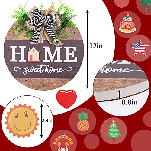 Interchangeable Welcome Sign for Front Door with 14 Changeable Icons, Farmhouse Front Porch Decor Rustic Wooden Wall Sign with 12 LED Lights, Outdoor Seasonal Welcome Home Decorations (Wood home1) - CookCave