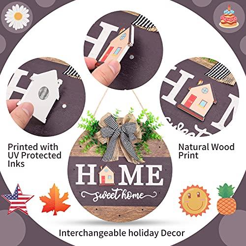 Interchangeable Welcome Sign for Front Door with 14 Changeable Icons, Farmhouse Front Porch Decor Rustic Wooden Wall Sign with 12 LED Lights, Outdoor Seasonal Welcome Home Decorations (Wood home1) - CookCave