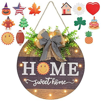 Interchangeable Welcome Sign for Front Door with 14 Changeable Icons, Farmhouse Front Porch Decor Rustic Wooden Wall Sign with 12 LED Lights, Outdoor Seasonal Welcome Home Decorations (Wood home1) - CookCave