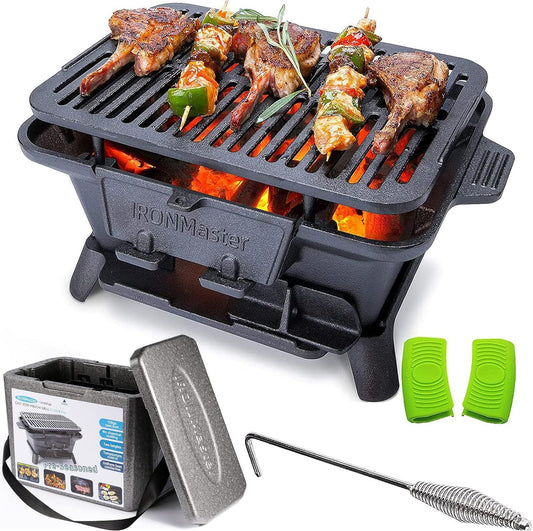 IronMaster Hibachi Grill Outdoor, Small Portable Charcoal Grill, 100% Pre-Seasoned Cast Iron, Japanese Yakitori Camping Grill - 2 Heights, Air Control, Coal Door + Carrying Case - CookCave