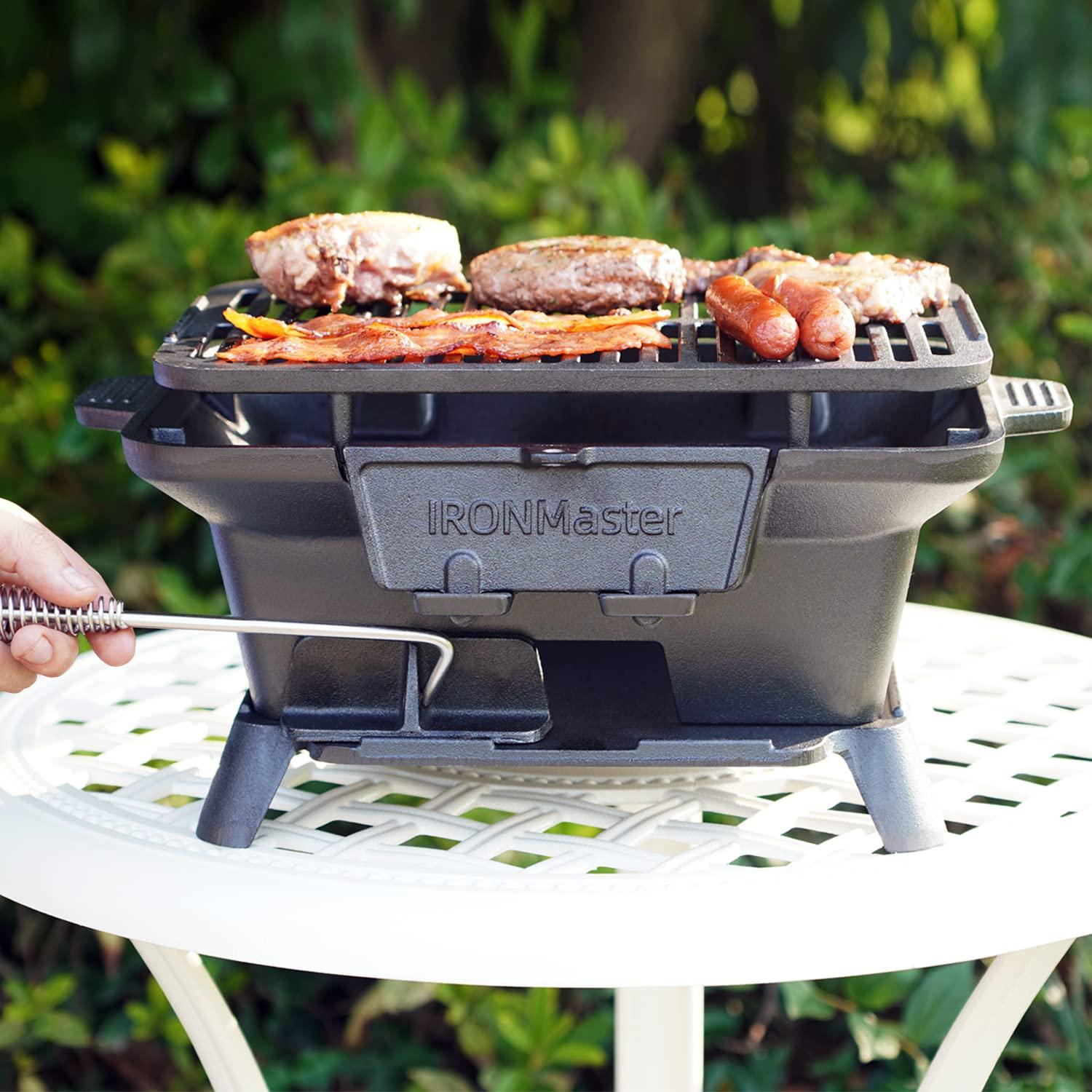 IronMaster Hibachi Grill Outdoor, Small Portable Charcoal Grill, 100% Pre-Seasoned Cast Iron, Japanese Yakitori Camping Grill - 2 Heights, Air Control, Coal Door + Carrying Case - CookCave