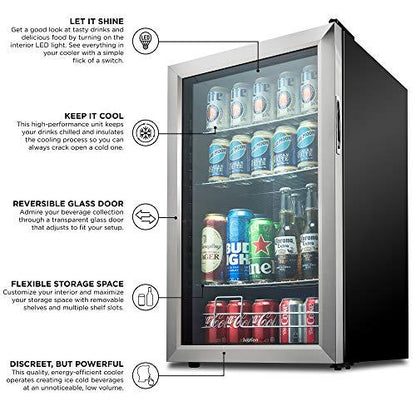 Ivation 126 Can Beverage Refrigerator | Freestanding Ultra Cool Mini Drink Fridge | Beer, Cocktails, Soda, Juice Cooler for Home & Office | Reversible Glass Door & Adjustable Shelving, Stainless Steel - CookCave