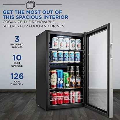 Ivation 126 Can Beverage Refrigerator | Freestanding Ultra Cool Mini Drink Fridge | Beer, Cocktails, Soda, Juice Cooler for Home & Office | Reversible Glass Door & Adjustable Shelving, Stainless Steel - CookCave