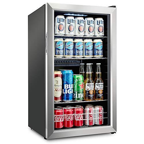 Ivation 126 Can Beverage Refrigerator | Freestanding Ultra Cool Mini Drink Fridge | Beer, Cocktails, Soda, Juice Cooler for Home & Office | Reversible Glass Door & Adjustable Shelving, Stainless Steel - CookCave