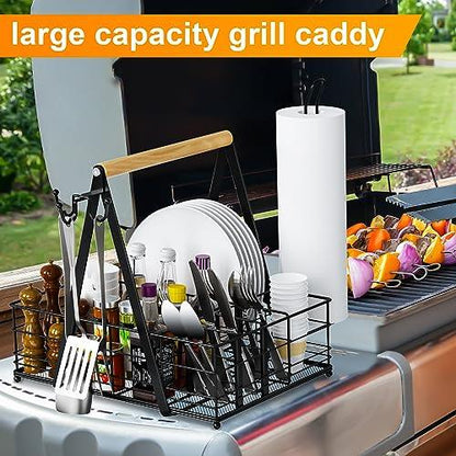 JBBTOOL Grill Caddy with Paper Towel Holder, BBQ Camping Caddy for Plates and Utensils, Picnic Condiment Storage Caddy, RV Patio Camper Must Haves, Outdoor Kitchen Barbecue Accessories - CookCave