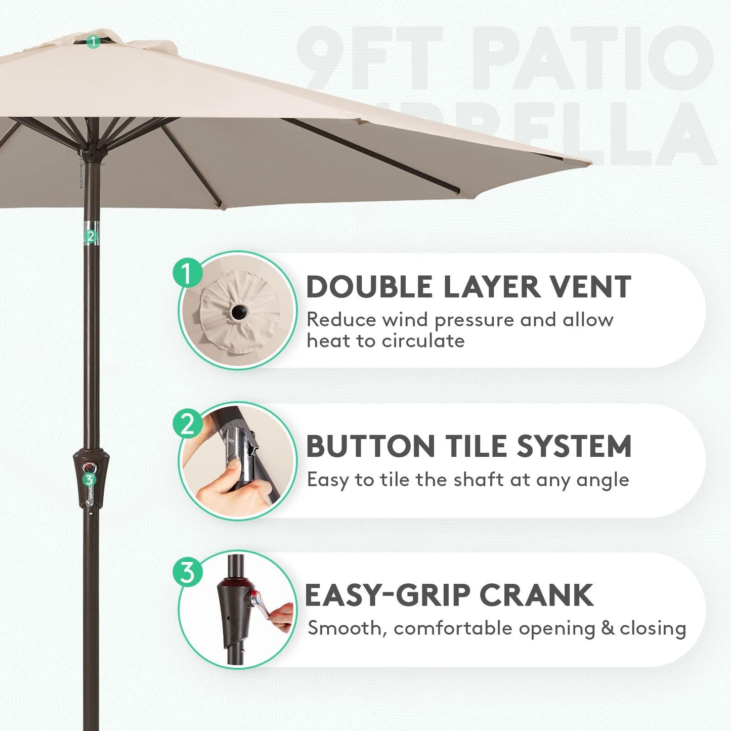 JEAREY 9FT Outdoor Patio Umbrella Outdoor Table Umbrella with Push Button Tilt and Crank, Market Umbrella 8 Sturdy Ribs UV Protection Waterproof for Garden, Deck, Backyard, Pool (Beige) - CookCave