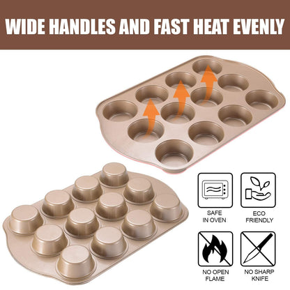 Joho Baking Nonstick Muffin Pan, Mini Cupcake Pan Set, Muffin Tins for Baking, 2 Pack, 12-Cup and 24-Cup, Gold - CookCave