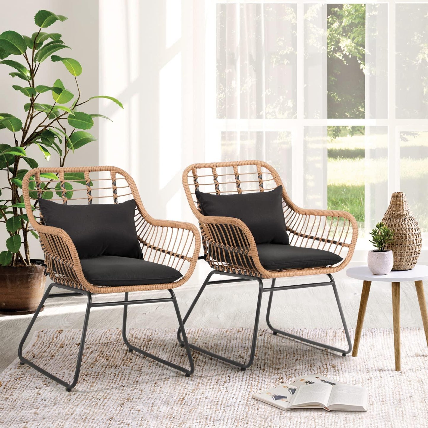 JOIVI Outdoor Wicker Chairs, 2 Pieces Patio Rattan Dining Chairs with Cushions for Outside Lawn, Garden, Backyard (Set of 2) - CookCave