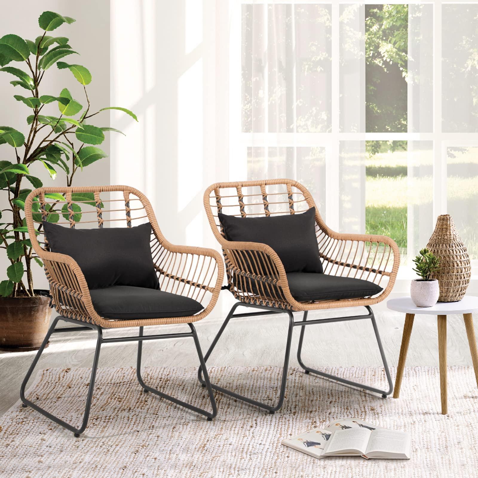 JOIVI Outdoor Wicker Chairs, 2 Pieces Patio Rattan Dining Chairs with Cushions for Outside Lawn, Garden, Backyard (Set of 2) - CookCave