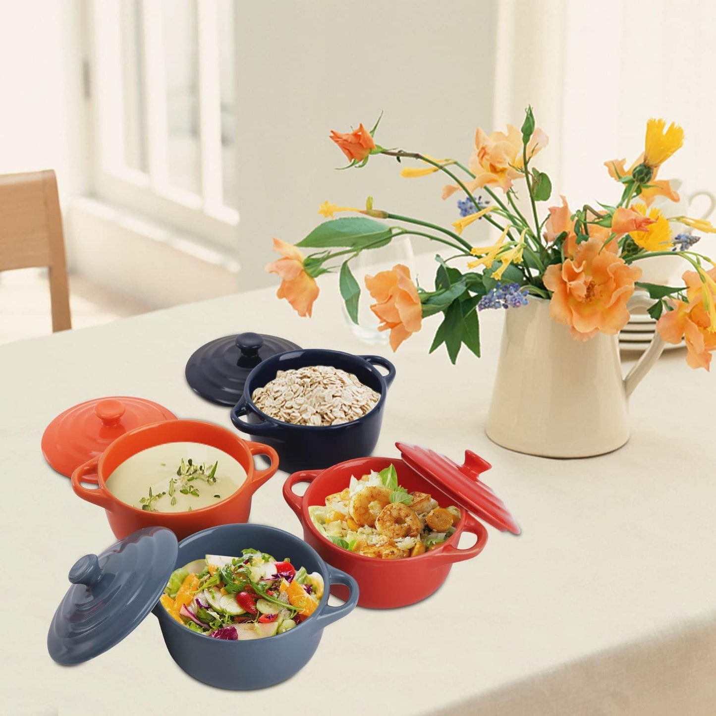 Jucoan 4 Pack Porcelain Ramekins with Lid, 8 oz Round Souffle Creme Brulee Dishes, Mini Casserole Dish for Baking, Oven Safe, 4 Colors - CookCave