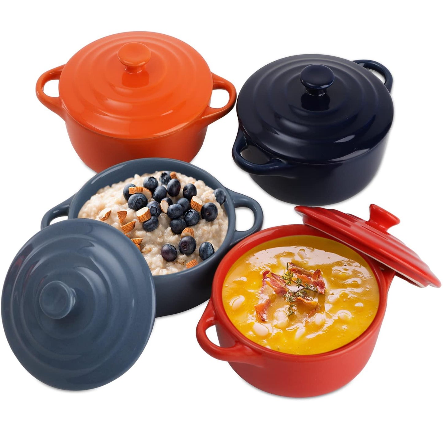 Jucoan 4 Pack Porcelain Ramekins with Lid, 8 oz Round Souffle Creme Brulee Dishes, Mini Casserole Dish for Baking, Oven Safe, 4 Colors - CookCave